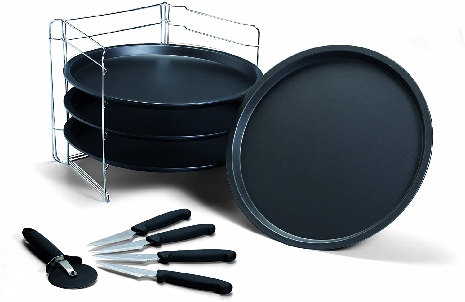 Guardini Pizza Mania 4 Pizza Tins 32cm + Rack + Pizza Cutter + Knives In A Gift Box